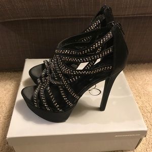 Black satin heels with rhinestones